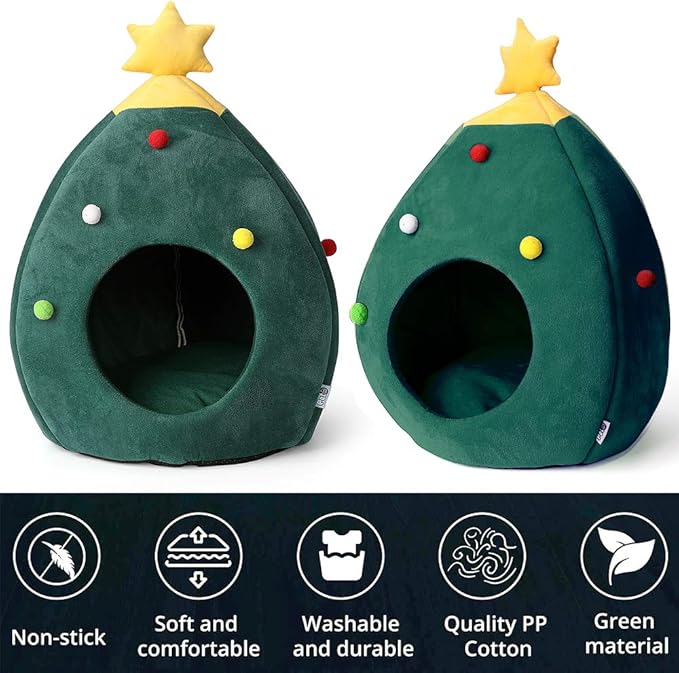 ShellKingdom Christmas Cat House, Cat Bed with Tree Shape for Christmas, Doggy House with Bed Cushion - Pet Indoor Pet Cat and Puppy Bed 17.71 x 15.74 inches (Green)