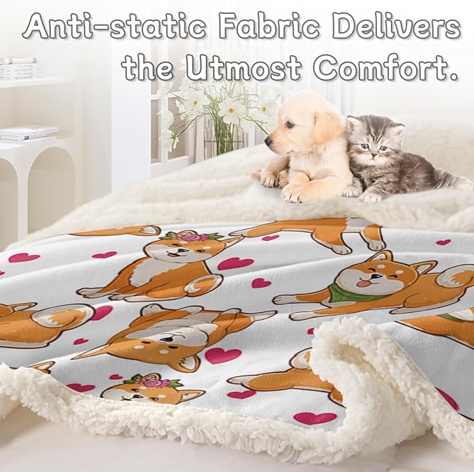 BlessLiving Cute Watercolor Dogs Pattern Fleece Blanket Shiba Inu Puppy Sherpa Reversible Throw Animal Print Plush Blanket (Twin, 60 x 80 Inches)