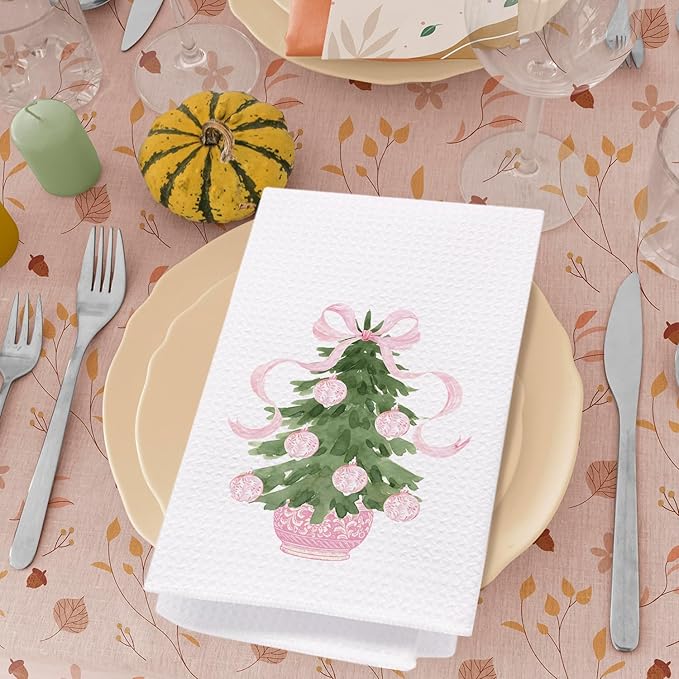 SPBL&L Chinoiserie Christmas Kitchen Towels, Pink Bow Tree Decorative Hand Towels for Bathroom, 16x24 Inch