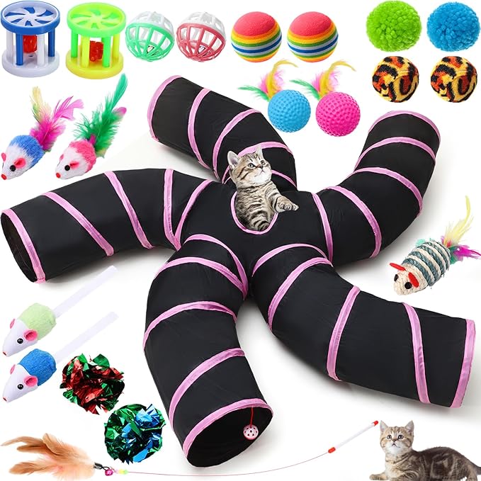 Poen 21 Pcs Cat Tunnel for Indoor Cats Set Collapsible 5 Way Cat Tubes with 20 Pcs Cat Toys Kitten Toys Interactive Cat Feather Toy Mouse Crinkle Balls Cat Tube for Puppy Kitten Rabbit (Pink Black)