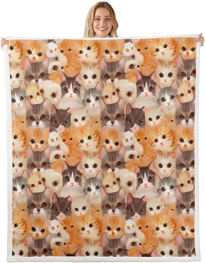 Cat Throw Blanket Kids Girls Cute Kitten Cats Print Warm Fuzzy Blanket for Bed Sofa Kawaii Lovely 3D Animal Fleece Sherpa Blanket Soft Animal Cat Collection Flannel Blanket Room Decor Baby 30"x40"