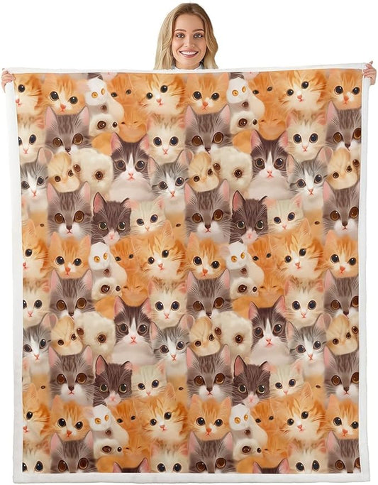 Cat Throw Blanket Kids Girls Cute Kitten Cats Print Warm Fuzzy Blanket for Bed Sofa Kawaii Lovely 3D Animal Fleece Sherpa Blanket Soft Animal Cat Collection Flannel Blanket Room Decor 40"x50"