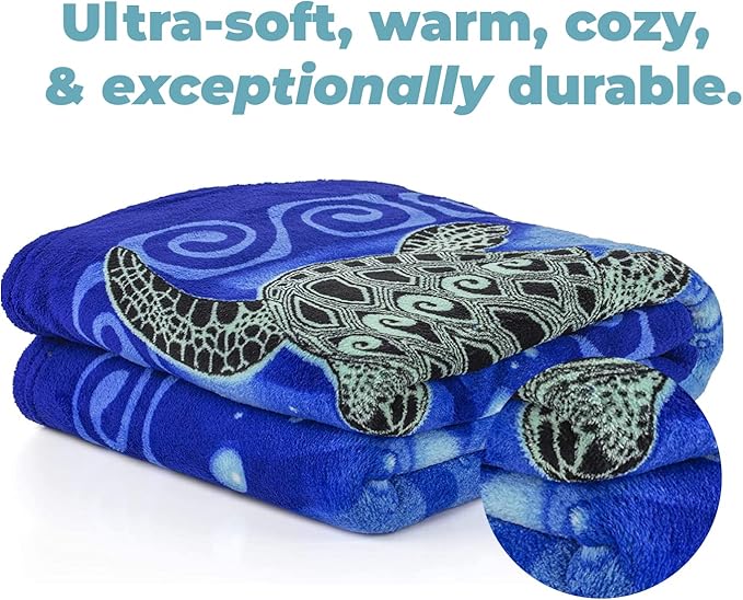 Dawhud Direct Sea Turtle Fleece Blanket - 50 x 60 Inch Soft Plush Throw for Bed Couch or Travel - Ocean-Themed Blanket and Sea Turtle Gifts for Women and Kids - Blue Tribal Design