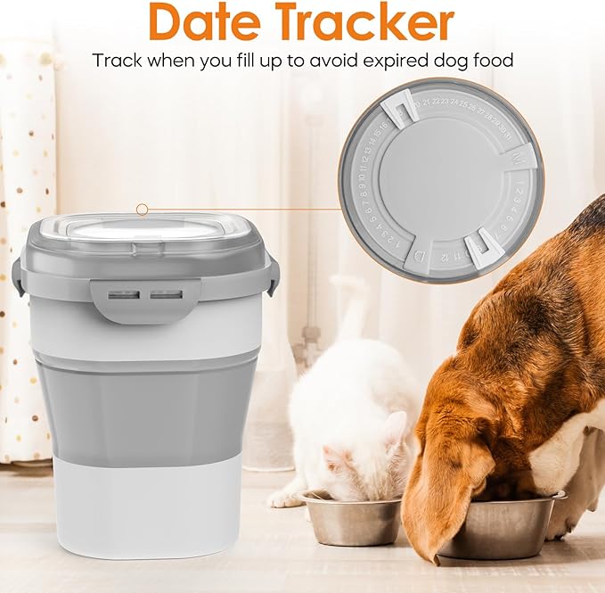 30-35Lbs Dog Food Storage Container,Collapsible Dog Food Container with Transparent Airtight Lids,Wheel,Date Track,Pet Food Storage Container for Rice,Scoop and 2pcs Small Containers (Clear-35LBS)