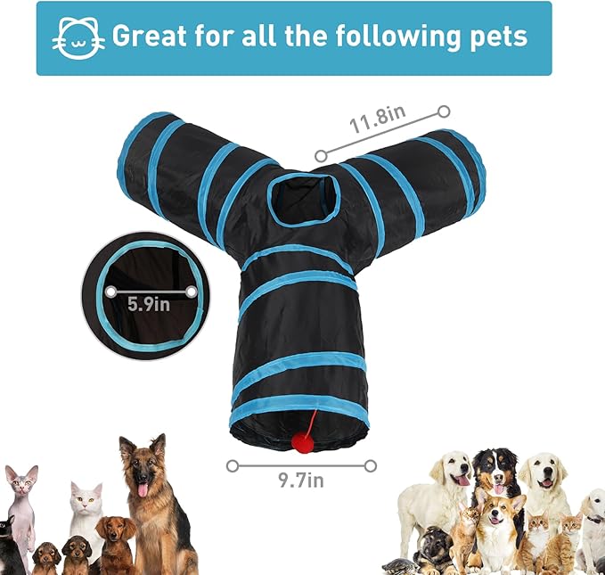 3 Way Cat Tunnel and Tube, Cat Tunnels for Indoor and Outdoor Cats, Collapsible Cat Tunnels with Peek Hole for Cat, Puppy, Kitty, Rabbit, Puppy (Y-Shaped Black-Blue)