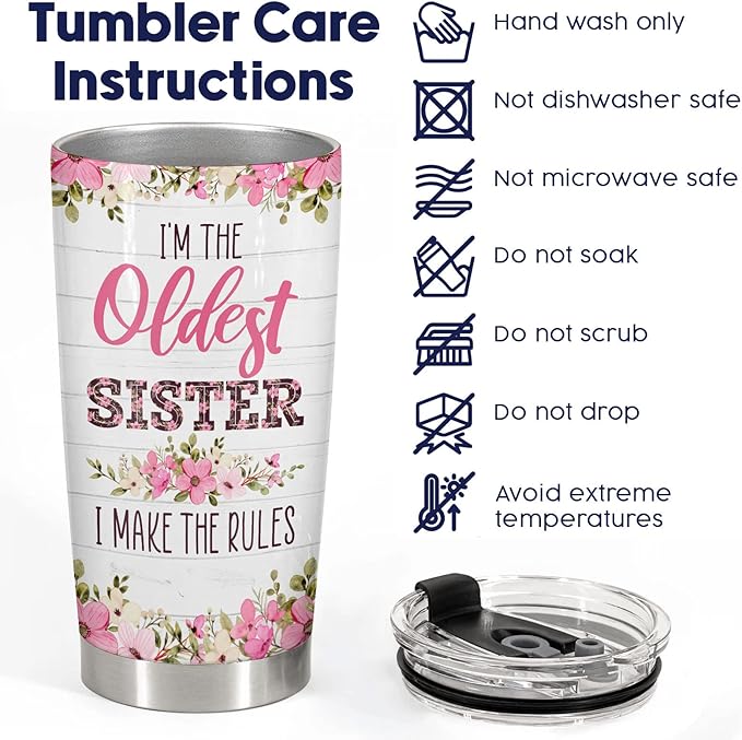 34HD Sister Gifts - Oldest Sister Tumbler with Lid, 20 oz Stainless Steel, Seester Mug - Birthday Gifts for Siblings