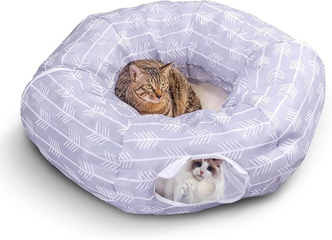 Nobleza Cat Tunnel Bed, Collapsible Washable Cat Tube Tent Toy for Indoor Play Rest, Lightweight Ventilate Cool Kitty Tube Toy Round Donut Tunnel with Detachable Cushion Hanging Balls