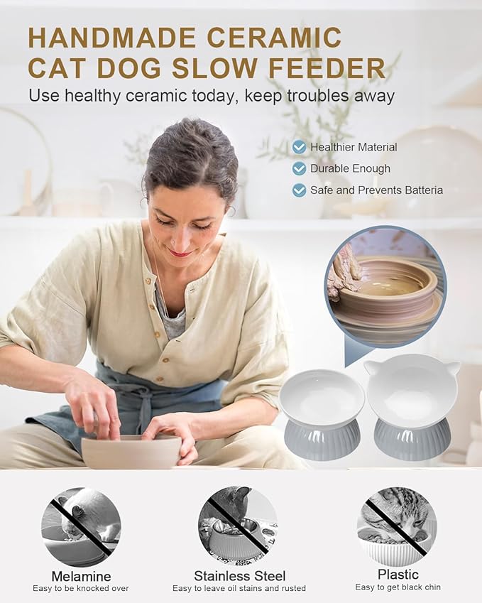 2 Ceramic Raised Cat Food Bowls, Elevated Cat Food and Water Bowl Set, Pet Bowl for Indoor Cats and Small Dogs, Anti-Vomiting Cat Dog Feeder with Plastic Base, Dishwasher Safe, Grey…