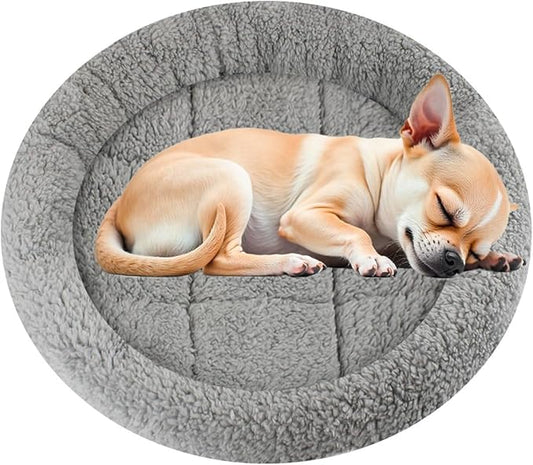 Enjoying Plush Cat Bed Mat, 15.75" Round, Self Warming Dog Bed with Pillow, Puppy Kitty Relying/Curling Sleep Cushion, Warm Bed for Small to Medium Dogs Cats Rabbits, Antiskid Bottom, Medium