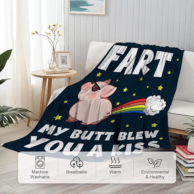 Pink Pig Throw Blanket 50"x60", I Didn't Fart My Butt Blew You a Kiss Funny Piggy Gifts, Cool Pigs in a Blanket for Pig Lovers, Piggy Birthday Party Decorations for Kids Boys Girls Women