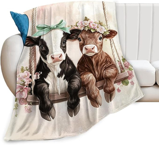 Cute Ultra Soft Cozy Swing Blanket - Fleece Fuzzy Plush Cattle Cow Lovers Decor Gifts for Women Girls Adults - 60"x50"