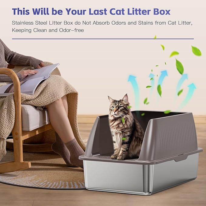 14" XL Stainless Steel Litter Box for Cats, Enclosed Metal Litter Box with Lid, Extra Large Kitty Litter Box with High Sides for High Peeing Cat, Easy to Clean, Non-Sticky, Including Scoop