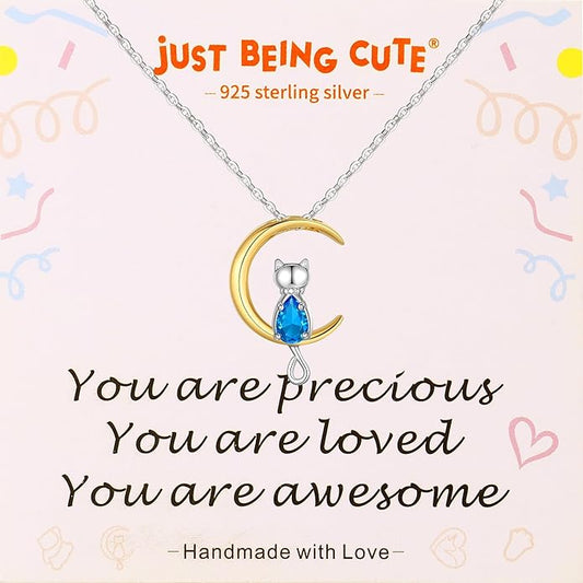 Birthstone Necklace for Women Girls, Cat Necklaces 925 Sterling Silver Teardrop Pendant 18K Gold-Plated Birthstone Jewelry Gifts for Birthday Easter