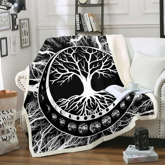 Erosebridal Tree of Life Moon Throw Blanket, 40x50 Inch, Black White Botanical Sherpa, Modern 3D Print Couch Sofa Bed Chair Decor, Plush Fluffy