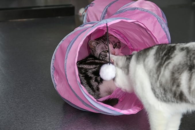 PetLike S Way Cat Tunnel Collapsible Pop-up Pet Tube Hideaway Play Toy with Ball (S-Way, Pink)