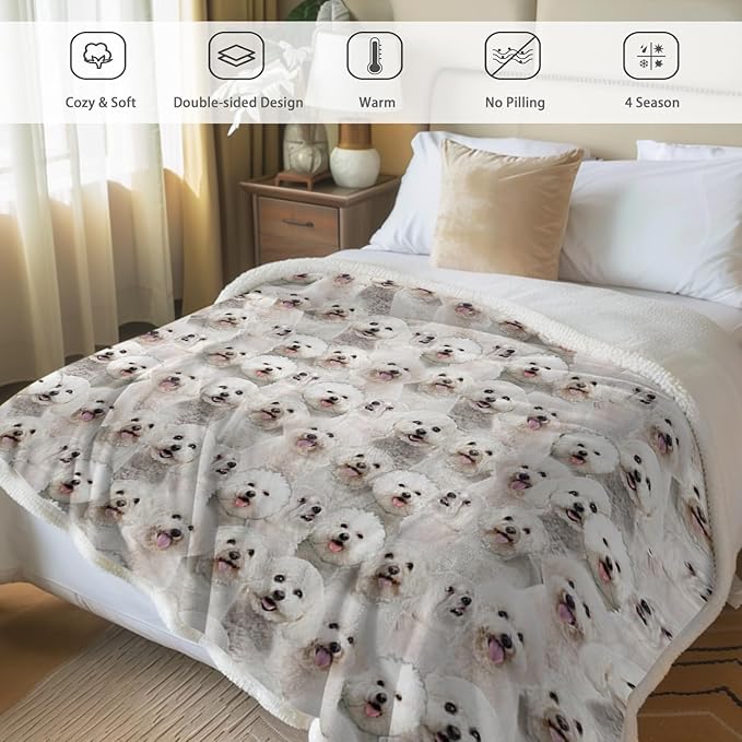 BlessLiving Bichon Frise Sherpa Fleece Throw Blanket 60" x 80" Soft Fluffy Warm Cozy Dogs Blanket for Couch Bed Sofa Chair Cute Puppy Fleece Blanket Reversible Animal Pattern Blankets Gifts for Women