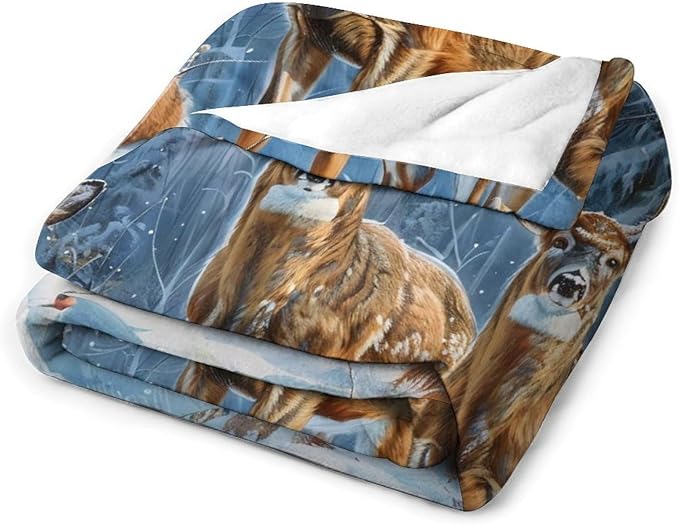 Deer Snow Winter Forest Print Blanket Wild Animal Country Nature Night Western Throw Blankets Gifts for Couch Sofa Bed Stuff Decor Soft Fleece Plush Warm Flannel Bedding for Lover Men Women 40"x50"
