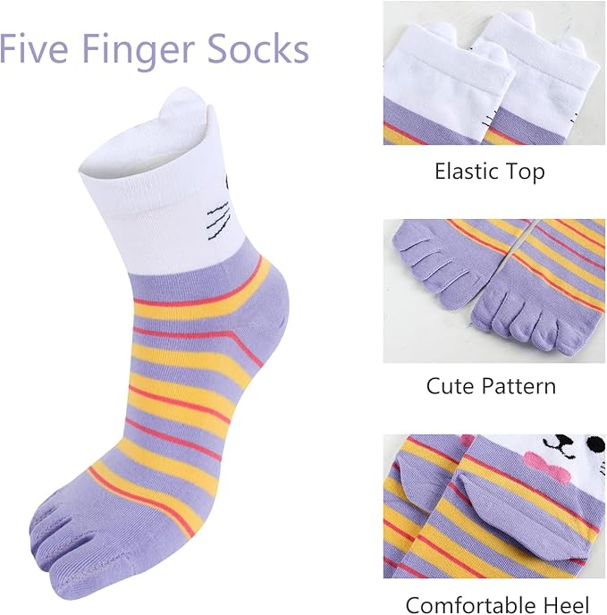 Benefeet Sox Toe Socks Women Men Cute Cat Five Finger Socks for Girls Colorful Cotton Ankle Athletic Running Socks with Toes