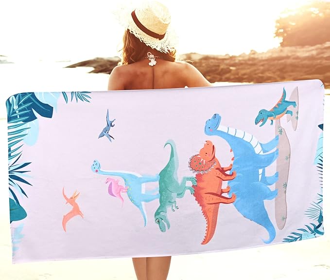 LIVILAN Dinosaur Beach Towel for Kids, 30”x60”, Microfiber, Quick Dry, Sand Free, Lightweight, Thin, Perfect for Girls, Boys, Bath, Swim, Shower, Unique Dinosaur Gifts and Decorations