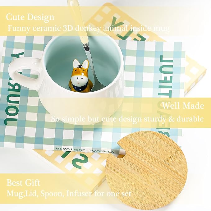 BigNoseDeer Cute Ceramic Donkey Coffee Mug Funny Mug with 3D Animal Inside Kawaii Tea Cup with Spoon and Lid Cool Stuff Christmas Gifts Birthday Mother's Day Cute Gifts for Women Kids 12oz（Donkey）