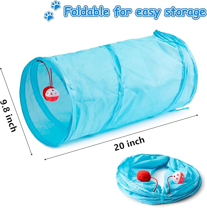 MALLMALL6 11Pcs Cat Toy Set Interactive Cat Toys Pack with Foldable Blue Tunnel Feather Teaser Wand Cat Springs Mice Crinkle Balls and Pet Bell Balls, Puzzle Toys for Indoor Cats Gift (Blue)