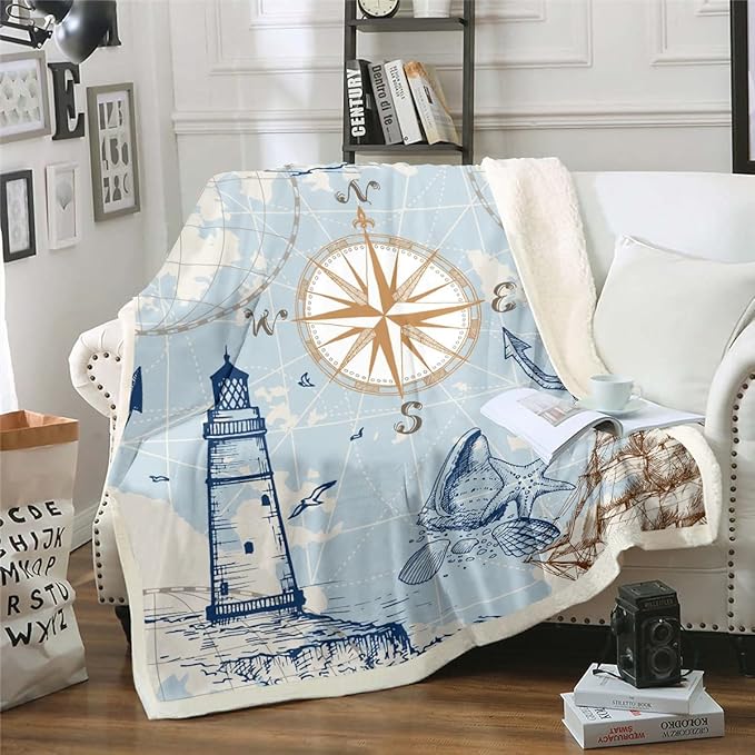 Nautical Anchor Vintage Sail Boat Lighthouse Throw Blanket for Camping Travel, Conch Starfish Seashell Fleece Queen Size Ocean Wave Sherpa Blanket, Sketch Style World Map Bedroom Decor