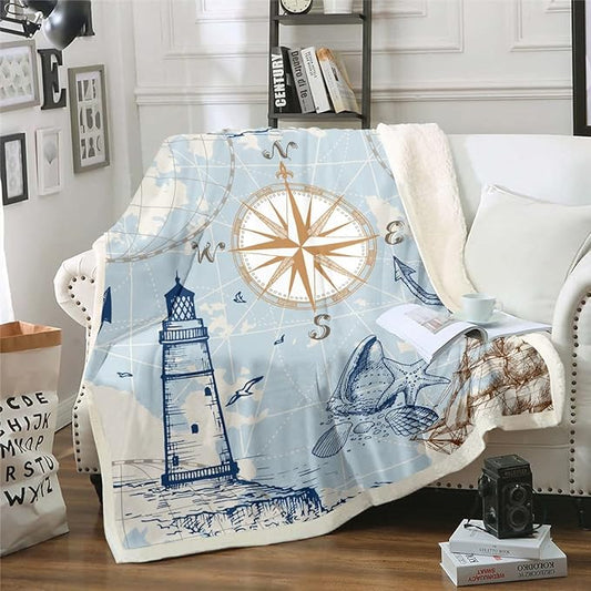 Nautical Anchor Throw Blanket for Couch Bed Vintage Sail Boat Lighthouse Fleece Blankets, Conch Starfish Seashell Sherpa Flannel 40x50 Size Ocean Wave Blanket, Sketch Style Bedroom Decor Soft