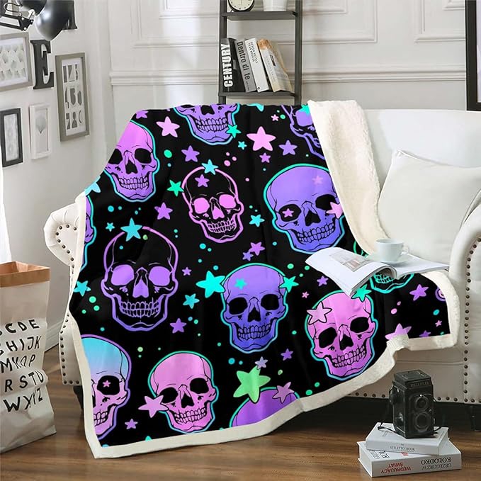 Sugar Skull Trippy Galaxy Queen Size Purple Pink Death Skull Throw Blanket for Couch, Psychedelic Stars Sherpa Blanket, Hippie Room Decor for Kids Teens