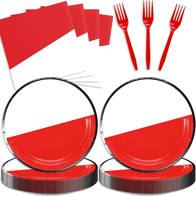 48Pcs Cartoon Animation Birthday Party Decorations Red and White Tableware Set Disposable Plates and Napkins Forks Serves 16 Guests Game Baby Shower Birthday Party Supplies