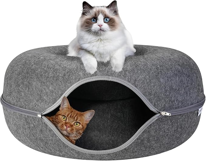 ESPIDO-Premium Cat Cave for Small Pets, Multifunctional Donut Tunnel Bed for Indoor Pets, Round Felt Pet Cave with Premium Zipper, for Pets up to 40 Lbs (24x24x11 Inch) (Dark Gray)