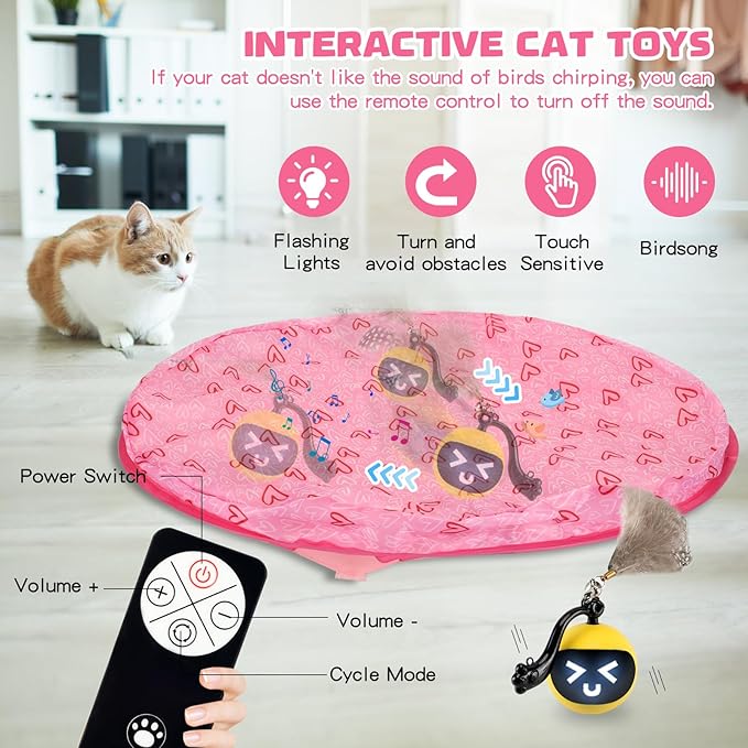 Interactive Cat Toys for Indoor Cats, Smart Cat Toy Ball Fast Rolling in Pouch, Hide and Seek Cat Toy for Indoor Bored Adult Cats, Remote Control Cat Hunting Toys, Motion Activated Chirping Cat Toy
