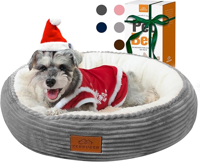 23in Round Cat Dog Bed for Large Medium Small Dogs Cats, Machine Washable Sleeping Sofa, Non-Slip Bottom Breathable Soft Calming Pet Cuddler for Indoor/Outdoor/Car/Cage, Light Grey