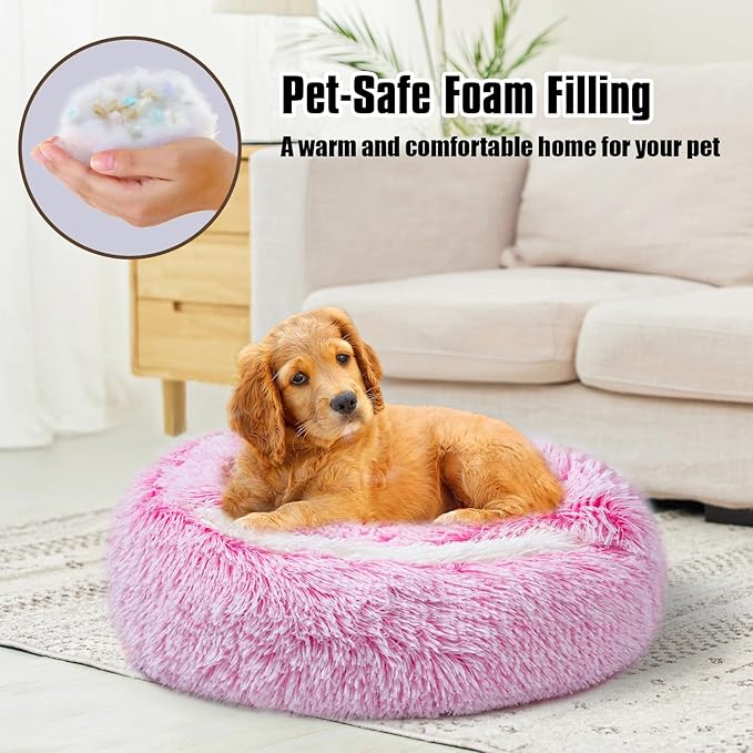 Calming Dog Beds & Cat Cave Bed with Hooded Cover,Washable Round Beds for Small Medium Pets,Anti-Slip Faux Fur Fluffy Coved Bed,Comfortable Warming Pet Bed (20 * 20inch,Pink)