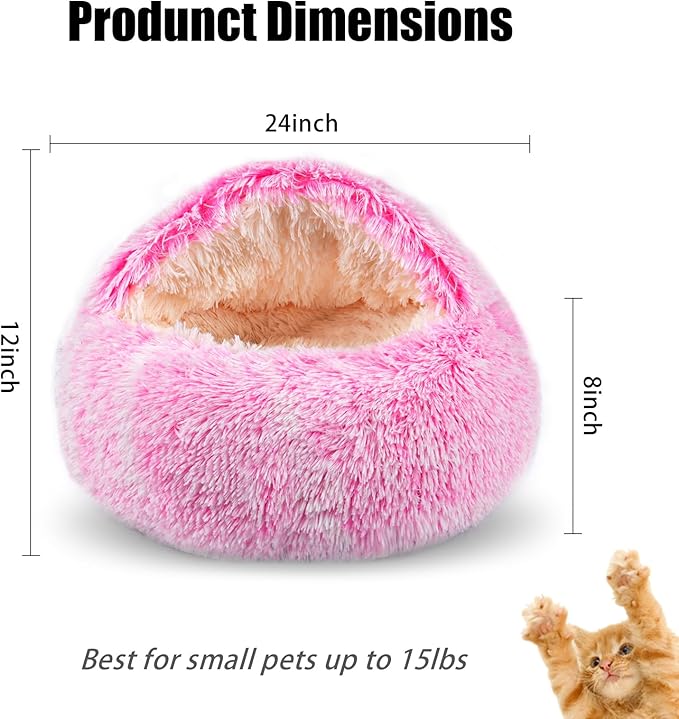 Calming Dog Beds & Cat Cave Bed with Hooded Cover,Washable Round Beds for Small Medium Pets,Anti-Slip Faux Fur Fluffy Coved Bed,Comfortable Warming Pet Bed (24 * 24inch,Pink)