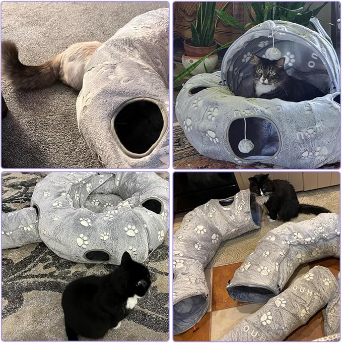 Cat Tunnel Bed, Cat Tunnels for Indoor Cats, Cat Donut Tunnel Toy with Washable Circle Cushion, Straight Shaped Tunnel, 4 Fluffy Balls, Blackout Tent, Self-Luminous Cat Toys（Grey）