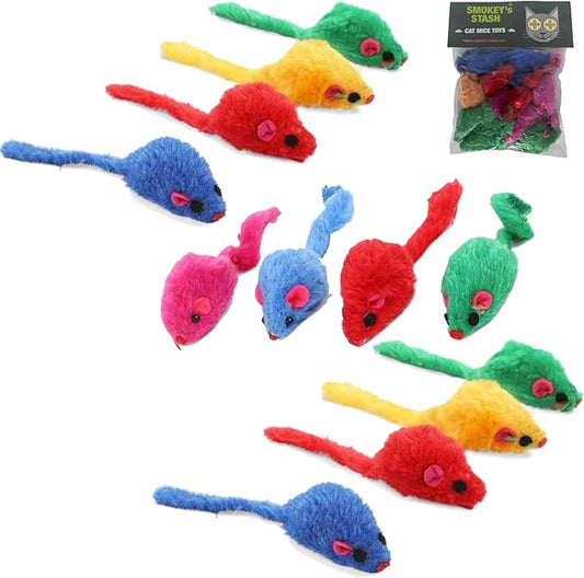 Smokey's Stash Faux Fur Cat Mice Toy 12 Per Pack Multi Color Realistic Small Mouse with Rattle and Catnip Safe for Adult Cats and Kittens 5.5 inches Long