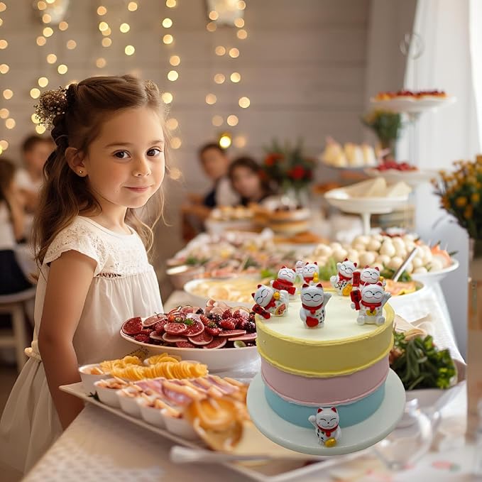 8 Pcs Cute Lucky Cat Figures, Animal Cat Characters Toys Mini Figure Collection Playset, Cat Toys Set Cake Toppers, Plant, Automobile Decoration, Landscape Scenes