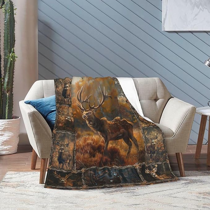 Wildlife Deer Blanket for Woman Retro Deer Throw Blanket Farmhouse Elk Decor Stuff Merch Cozy Flannel Fleece Fuzzy Soft Plush Lightweight Bedding Wild Animal Gifts for Girls Deer Lover Couch 50"X40"
