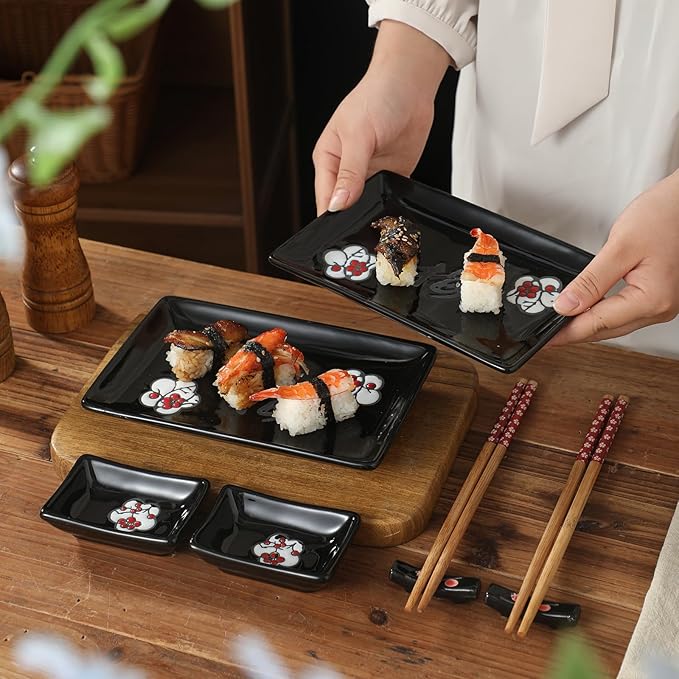 8 pcs Japanese Sushi Plate Sets Serving Platters and Trays for Entertaining Sushi Dishes Set Plates Sushi Plates Traditional Cuisine Dinnerware Sets with Chopsticks Black Plum