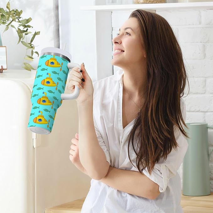 Boccsty Yellow Submarine Insulated Tumblers Colorful Fish Reusable Stainless Steel Tumbler 40 oz Cup Coffee Travel Mug Water Bottle with Handle & Flip Straw for Home Office Car