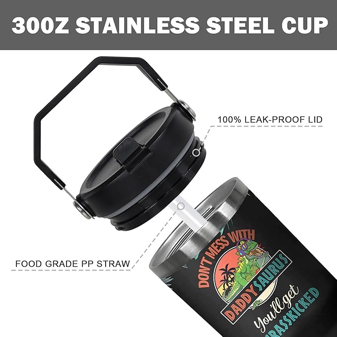 30 Oz Papasaurus Tumbler with Handle and Straw, Daddy Cup Insulated Best Daddy Mug, Double Wall Stainless Steel Dadasaurus Cup, 30 Oz Leak Proof Daddy Mug and Travel Mugs for Dad Gifts