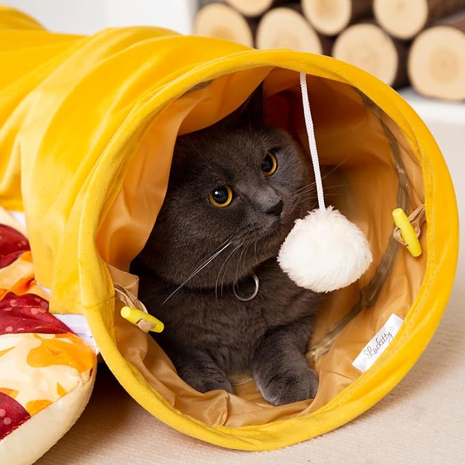 LUCKITTY Cat Tunnel Bed - Peek-a-Boo Pizza Shape Design for Cozy and Playful Animals - 9.8 -Inch Diameter Yellow