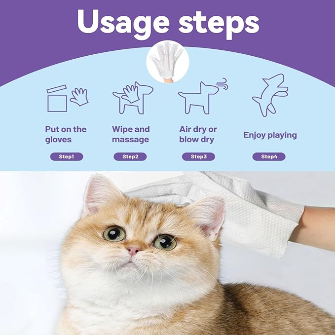Pet Glove Wipes for Dogs & Cats 8 PCS,Bathing Wipes for Dogs and Cats,Hypoallergenic with Coconut Oil Nourishing Grooming Fur,Cat Dog Cleaning Gloves Wipes,Deodorizing Gloves for Pet Daily Care