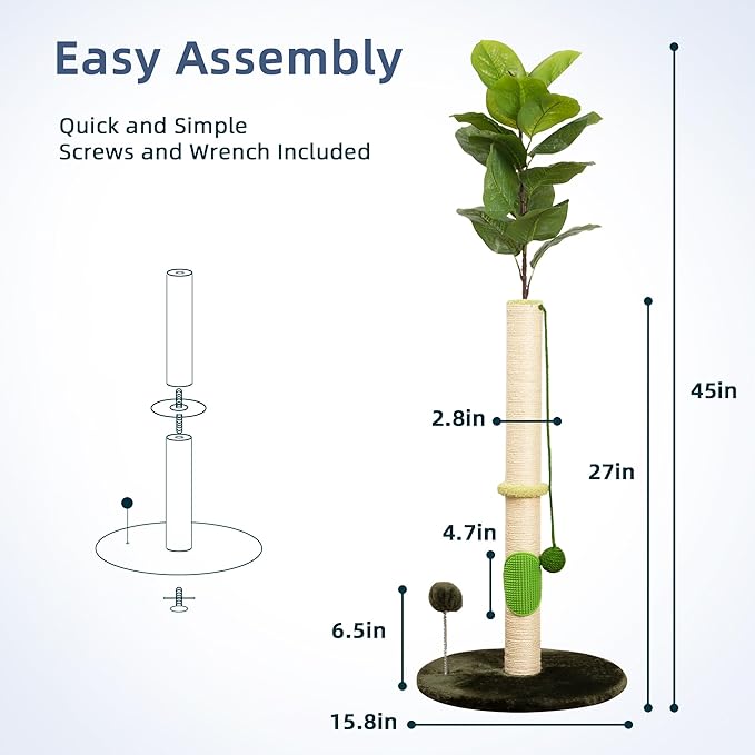 Cat Scratching Post 45 inch Tall Scratching Post with Sisal Rope for Indoor Cats, with Sisal Balls and Self-Grooming Rubber Brush