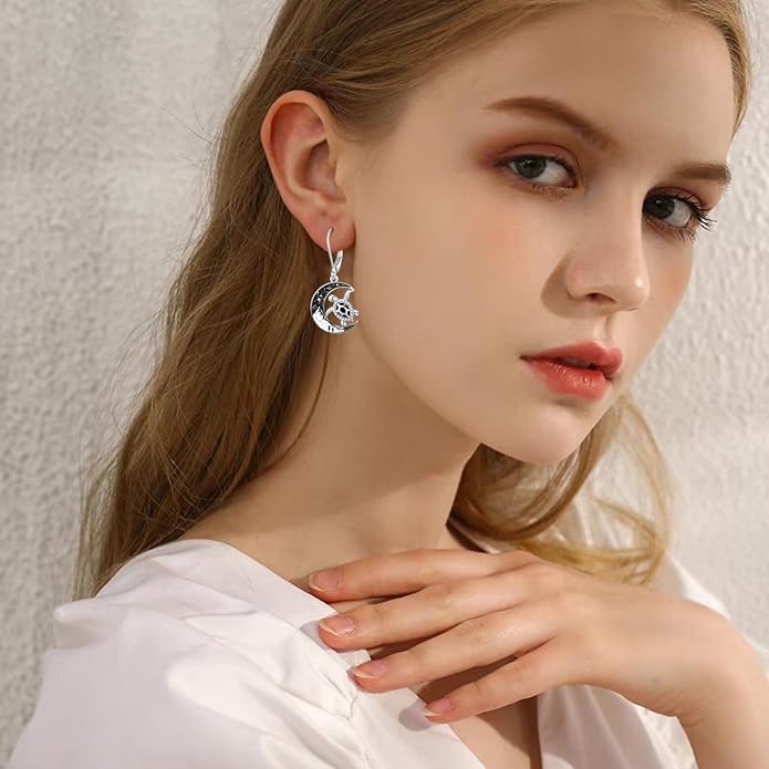 Black Cat/Bat/Spider/Pumpkin/Wolf/Bunny/Sun and Moon/Turtle/Raven 925 Sterling Silver Leverback Dangle Earrings Moon Gothic Christmas Earrings Jewelry Gift for Women