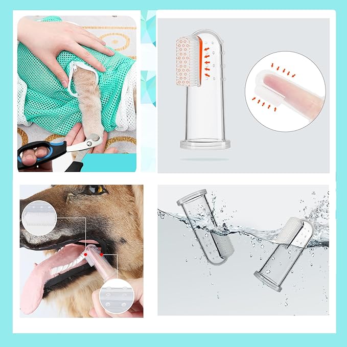 Adjustable Multifunctional Anti-Bite Shower net Bag，Cat Grooming Mesh Bag, Cat Bathing Bag，Cat Bath Brush and Pet Finger Toothbrush (B-Green)