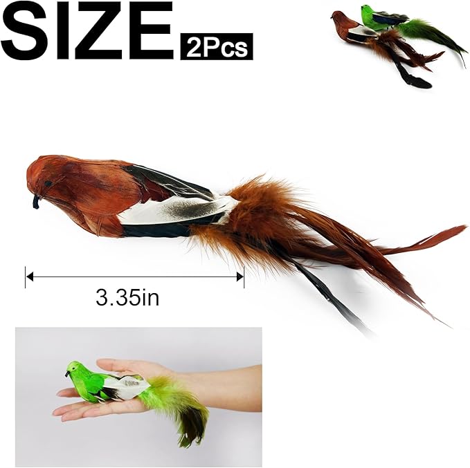 2 Pcs Real Feather Cat Birds Toys Realistic Simulation Birds Toys with Bells for Indoor Cats Kittens.