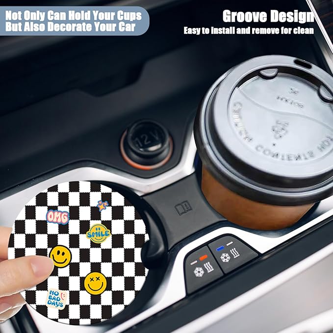 Car Cup Holder Coaster - Black and White Grid Smiley Face Absorbent Ceramic Coaster, Car Coasters for Cup Holders, Auto Accessories for Women & Men, Pack of 2