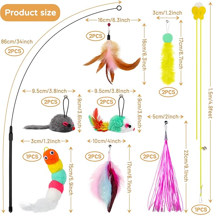 Interactive Cat Feather Toys Cat Teaser Wand Set and Hanging Cat Door Toys with 13pcs Cat Feather Replacement Toys Mice, Cat Toys Kitten Toys for Indoor