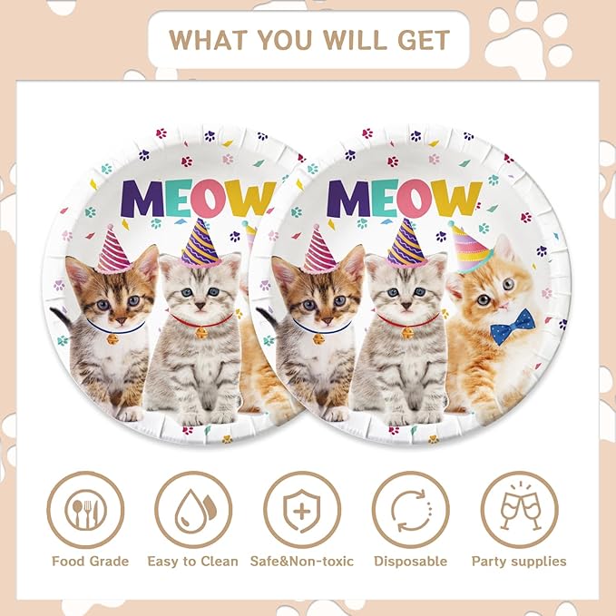 48Pcs Cat Birthday Party Decorations Include Meow Theme Paper Plates and Napkins Forks Supplies Cat Happy Birthday Cake Plates Set Sign Party Decorations for Girls Baby Shower Favors